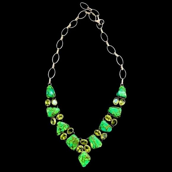 Mohave Lime Green Copper Infused Turquoise Peridot Sterling Silver 925 Necklace - Picture 5 of 16
